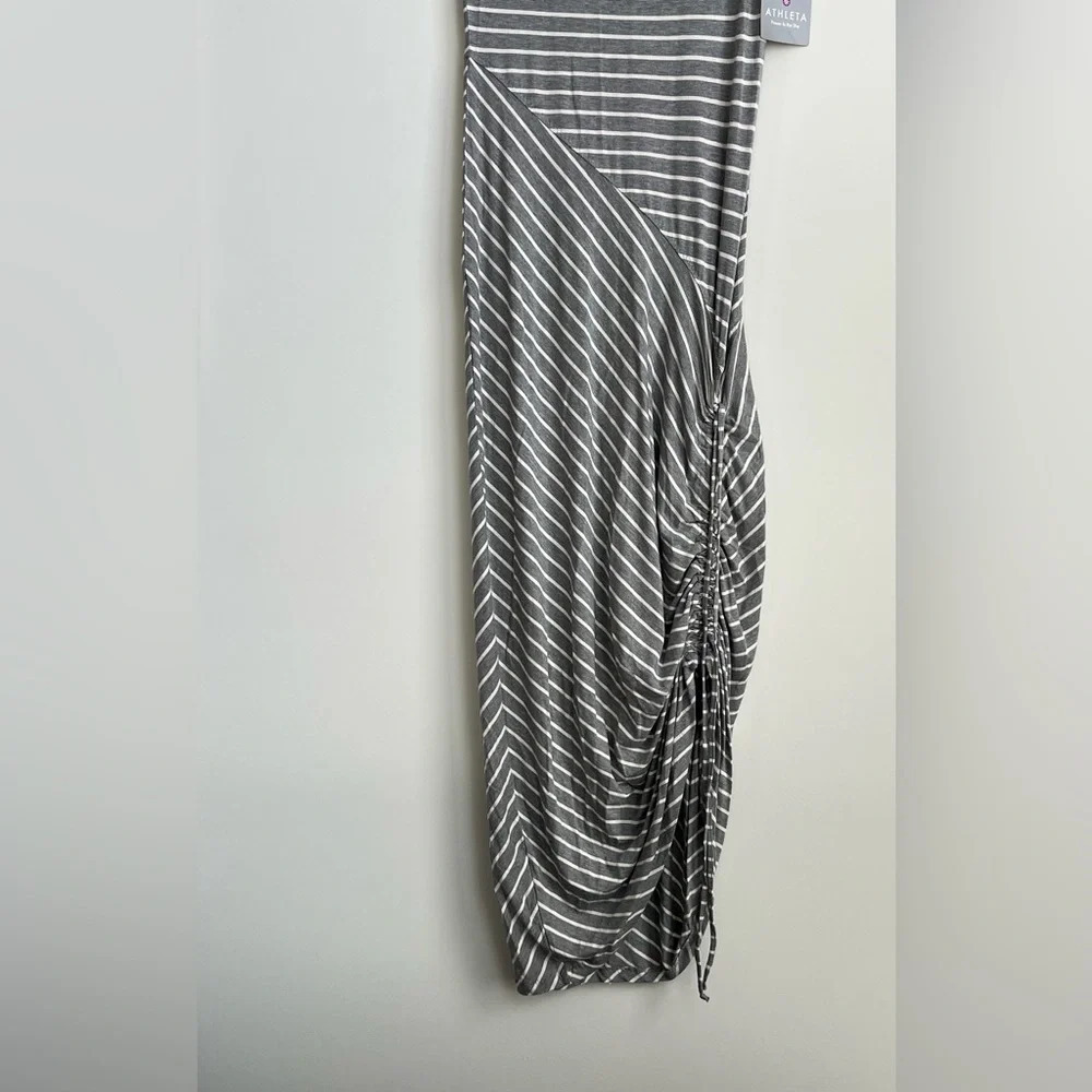 New Athleta Shark Bite Cinch Maxi Dress Gray Asymmetrical Striped Jersey Small - Picture 4 of 14